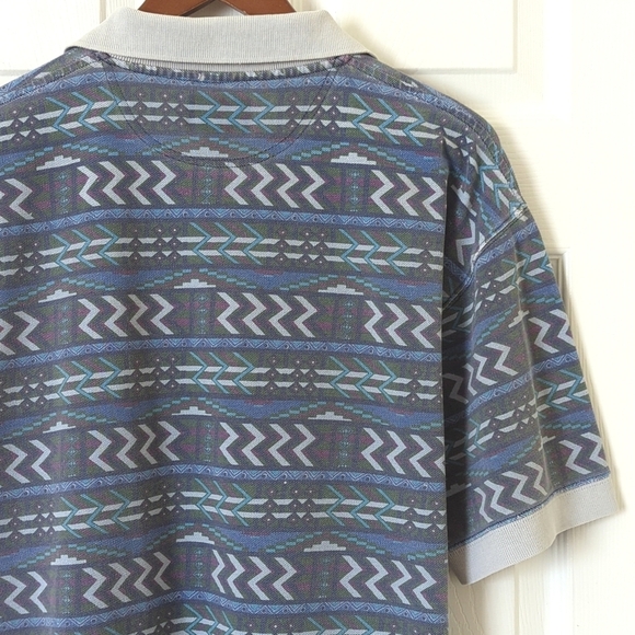Woolrich 80's Vintage Funky Aztec Printed Short Sleeve Henley Polo Shirt Blue L - Picture 9 of 9